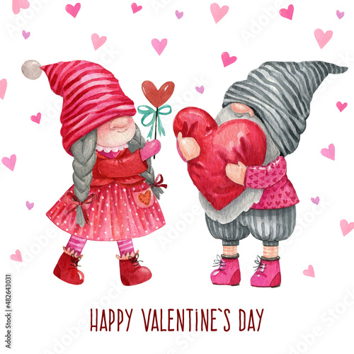 Valentines gnome couple, love Nordic gnome, Scandinavian gnomes, Watercolor girl and boy gnomes with hearts. Cute valentine's day postcard photo