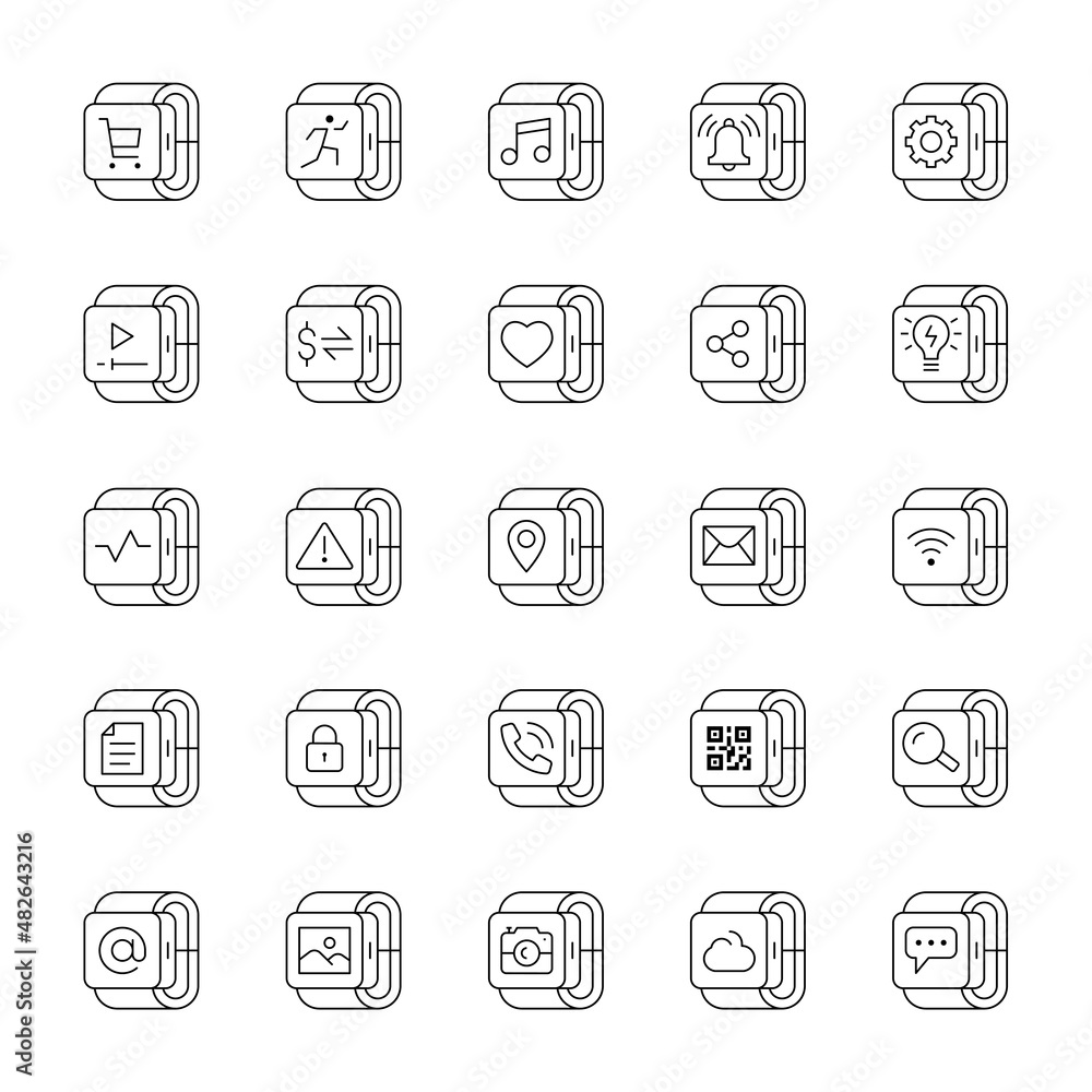 A set of thin line icons that include editable strokes or outlines using the EPS vector file. Smart watch, icons, vector illustration.
A set of thin line icons that include editable strokes or outlines using the EPS vector file. Smart watch, icons, vector illustration.