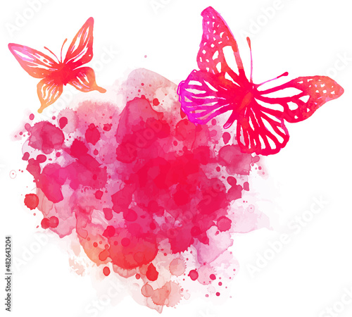 Amazing watercolor background with butterfly. Vector art isolated on white