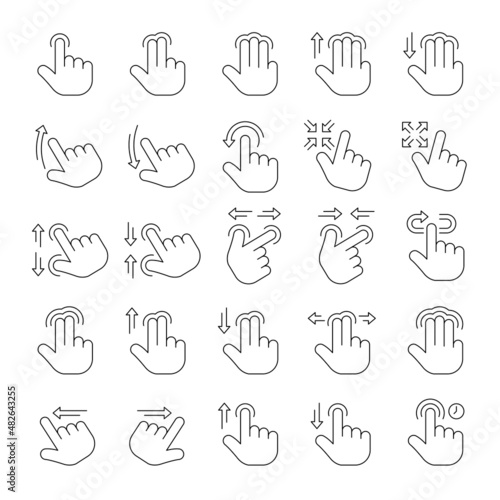 Action gesture for touch screen interfaces, collection of touch screen hand gestures thin line icons, vector illustration.

