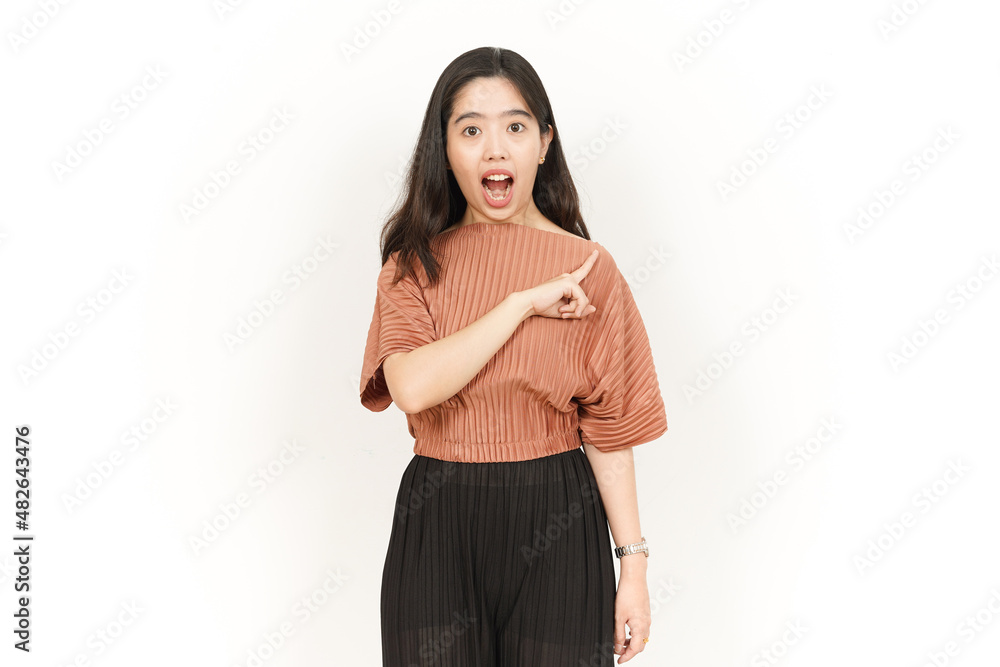 Pointing Product On The Side Of Beautiful Asian Woman Isolated On White Background Pointing Product On The Side Of Beautiful Asian Woman Isolated On White Background
