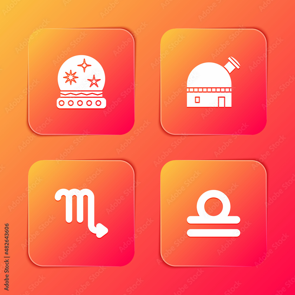 Set Magic ball, Astronomical observatory, Scorpio zodiac and Libra icon. Vector Set Magic ball, Astronomical observatory, Scorpio zodiac and Libra icon. Vector