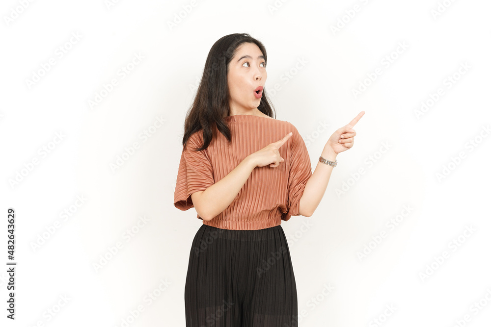 Pointing Product On The Side Of Beautiful Asian Woman Isolated On White Background Pointing Product On The Side Of Beautiful Asian Woman Isolated On White Background