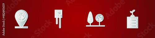 Set Location and tree, Temperature humidity sensor, Trees and Smart farming technology icon. Vector