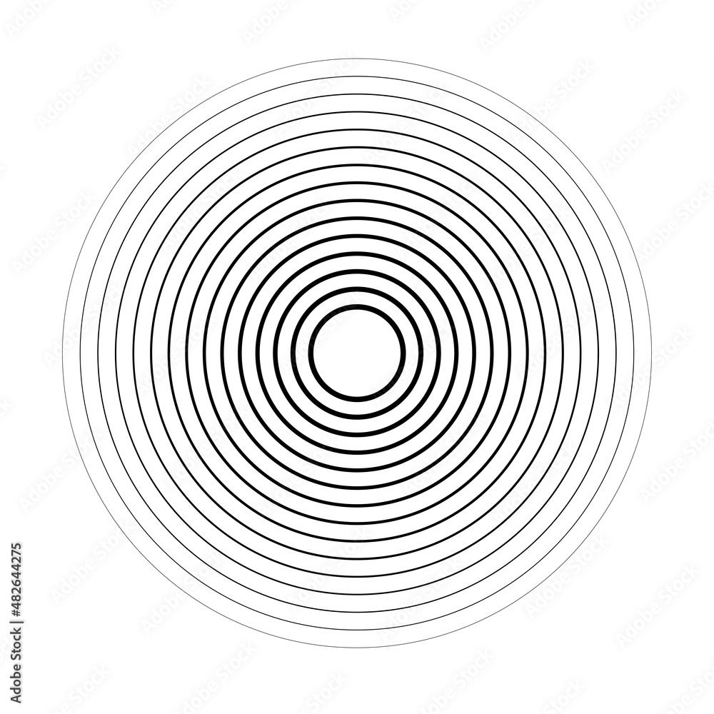 Abstract black and white pattern radiating circular sound wave. Radial concentric circles geometric element. Vector illustration Abstract black and white pattern radiating circular sound wave. Radial concentric circles geometric element. Vector illustration