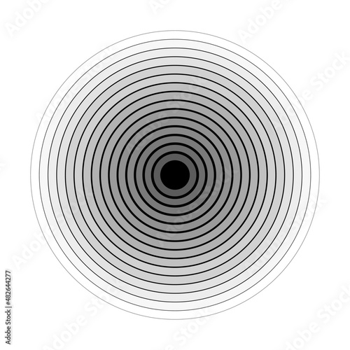 Abstract black and white pattern radiating circular sound wave. Radial concentric circles geometric element. Vector illustration
