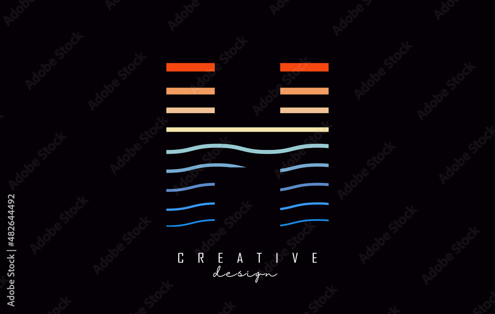 Fototapeta premium Letter H logo design with colorful lines. Vector illustration with sea and sunset color lines,