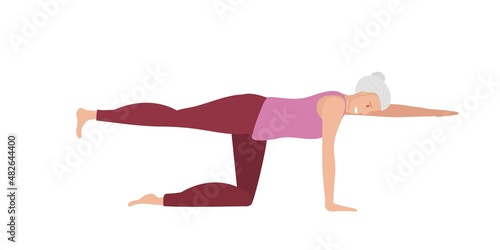 Balancing Table Pose. Senior woman doing yoga. Woman with sportswear doing floor exercises. Mature Women healthy life style. Dandayamana Bharmanasana in old age. Colored flat vector illustration.