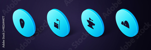 Set Isometric Bale of hay and rake, Anvil for blacksmithing hammer, Executioner axe tree block and Shield icon. Vector
