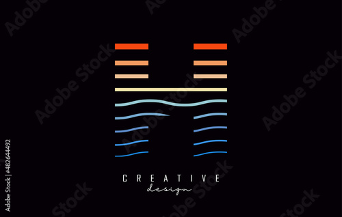 Letter H logo design with colorful lines. Vector illustration with sea and sunset color lines,