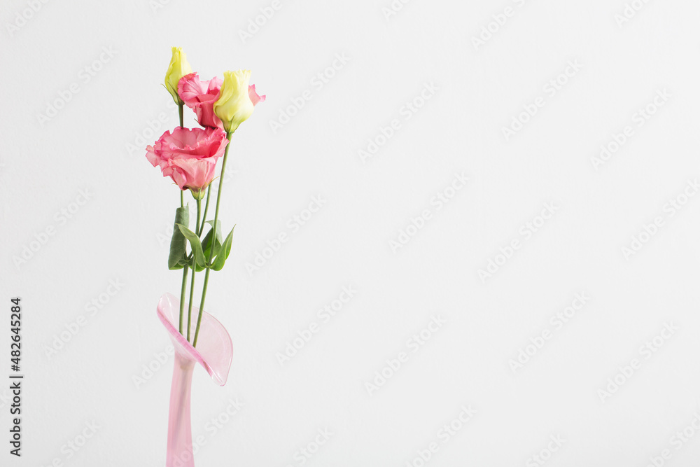 Obraz premium bouquet of eustoma in pink glass vase on white background
