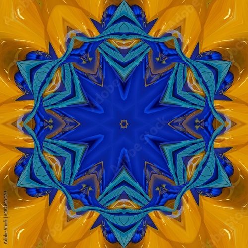 Round geometric star mandala kaleidoscope pattern glitch festive yellow and blue geometric floral creative design backdrop