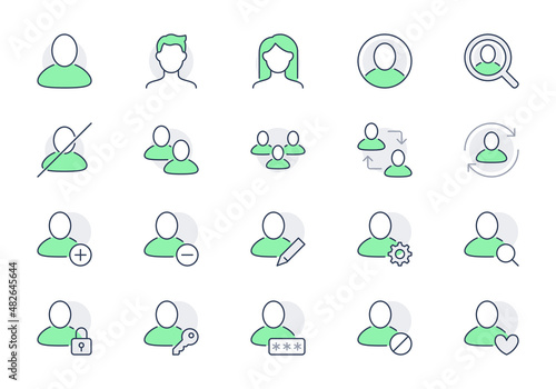 Users line icons. Vector illustration include icon - head, member, face, member, people, login, woman, man, teamwork outline pictogram for default profile avatar. Green Color, Editable Stroke