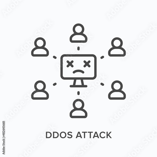 ddos attack flat line icon. Vector outline illustration of computer and many users. Black thin linear pictogram for cyber crime photo