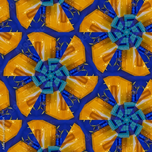 Floral digital geometric pattern abstract blue and yellow graphic hexagon ornament that looks like a motor or fan blades. underwater motion illusion