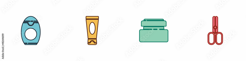 Set Bottle of shampoo, Cream or lotion cosmetic tube, and Scissors hairdresser icon. Vector Set Bottle of shampoo, Cream or lotion cosmetic tube, and Scissors hairdresser icon. Vector