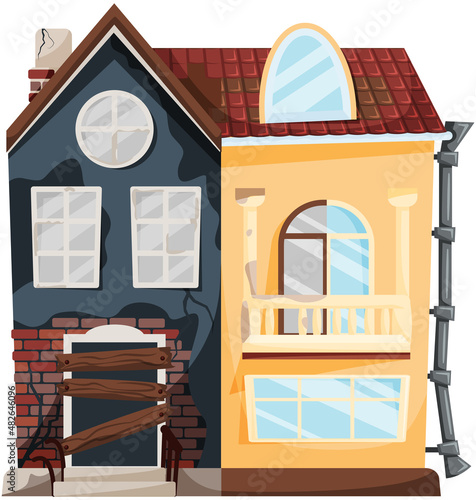 Home renovation, house before and after repair. New and old suburban cottage. Remodel construction. Old run-down house remodeled into cute traditional suburban cottage. Building maintenance service