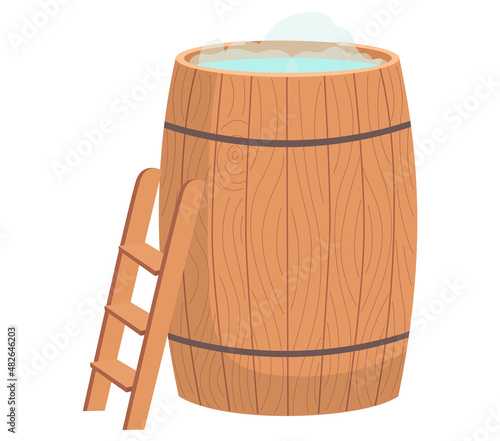 Wooden tub for bath. Pot, bucket with blue hot water and small staircase. Sauna water basin. Bathhouse element bathtube. Wellness spa procedures in wooden water barrel. Vat made with plank isolated