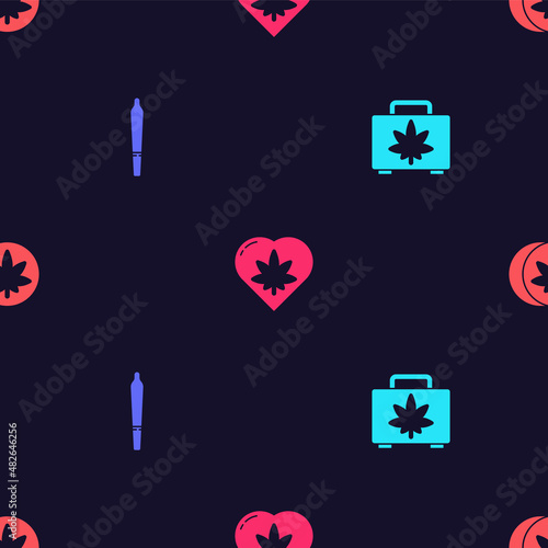 Set Shopping box of marijuana, Marijuana joint, leaf heart and Herbal ecstasy tablets on seamless pattern. Vector