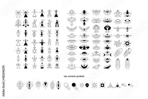Aliens, astronauts, planets, spaceships, comets, universe worlds, moon, sun, planets, stars, galaxies logos, solar, astrology line art icons, simple style elements, vector signs and symbols