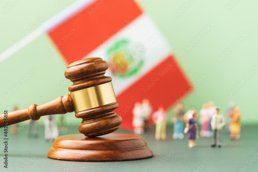 Wooden gavel of judge, flag and toy people made of plastic on a colored background, the concept of litigation in the Mexican society