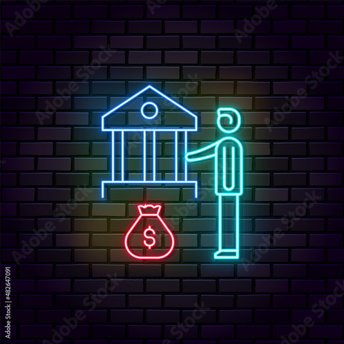 Business and finance neon on wall vector icon. Bank, man, add money neon on wall vector icon