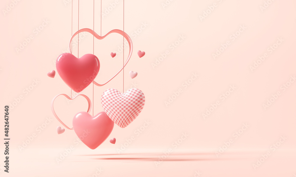 Hearts on pink background for Valentine days. copy space, 3d render