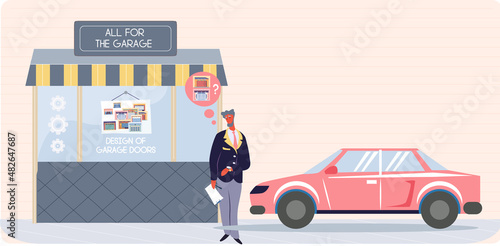 Man stands near all for garage store. Vehicle storage space, room for cars equipment. Advertisement of shop with items for place for automobile parking. Shopping in garage store in modern building