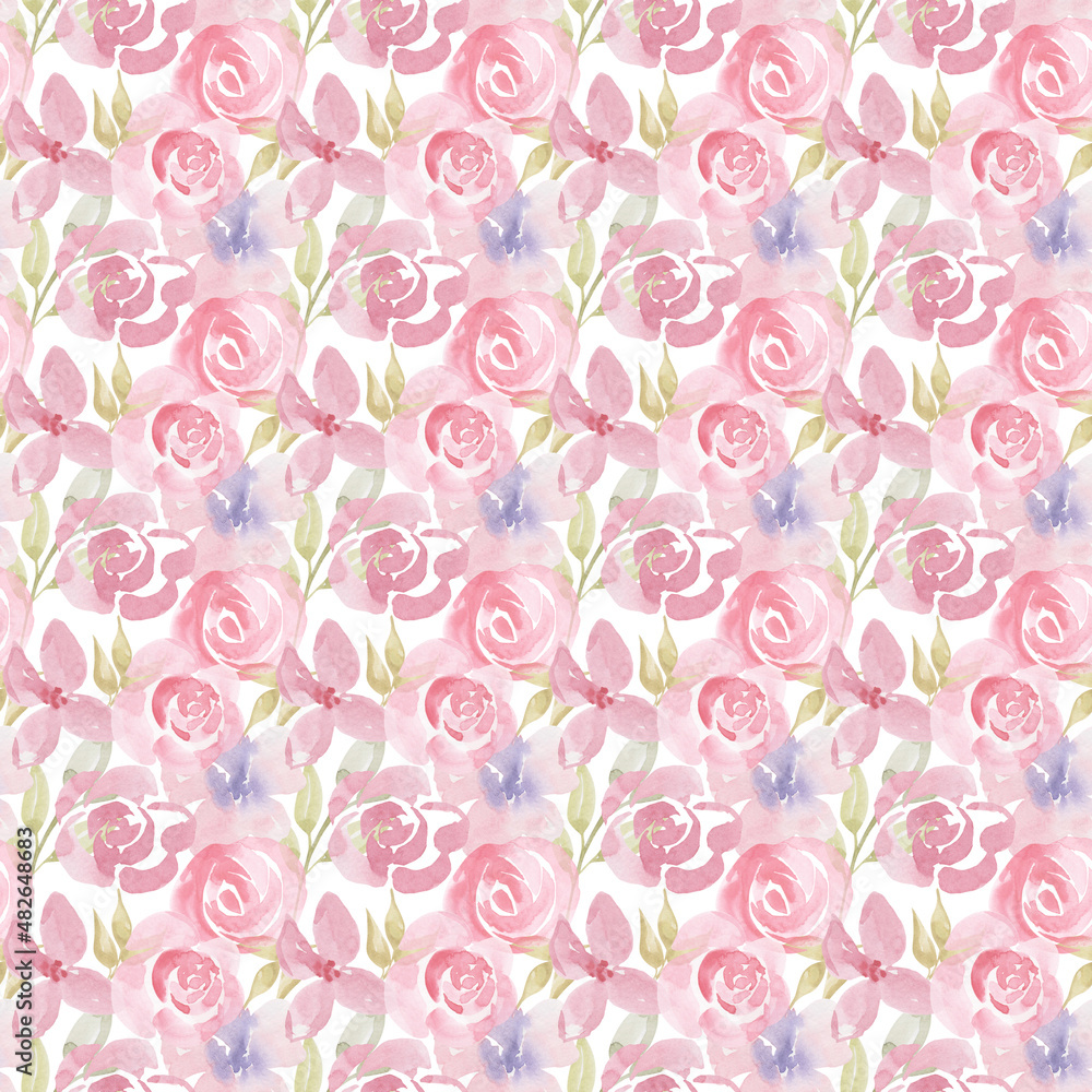 Watercolor botanical seamless pattern wild flowers and garden plants. Hand drawn leaves, pink flowers, herbs and natural elements. For birthday, wedding card, love, invitation, greeting, mother day.