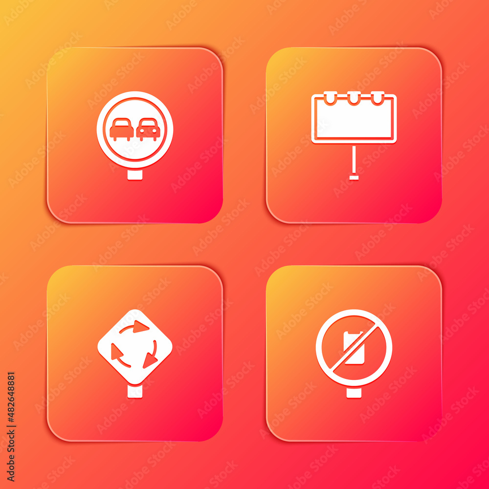 Set No overtaking road traffic, Billboard with lights, Roundabout sign and cell phone icon. Vector Set No overtaking road traffic, Billboard with lights, Roundabout sign and cell phone icon. Vector