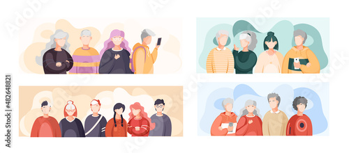 Group of people standing together community and togetherness concept, diversity portrait. Characters men and women isolated on white. Crowd community. Social diversity friends or relatives