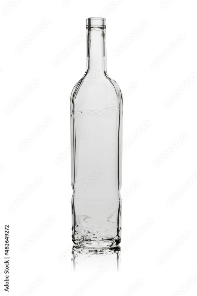 Empty open bottle for wine or vodka made of transparent glass, designer shape. Isolated on a white background, with reflection