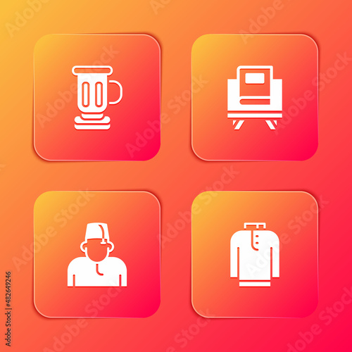 Set Medieval goblet, Holy book of Koran, Muslim man and Shirt kurta icon. Vector