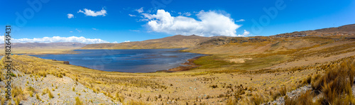 Panoramic image of the Conococha lagoon, birthplace of the Santa river, the most important in Ancash, Peru.