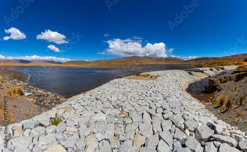 Panoramic image of the Conococha lagoon, birthplace of the Santa river, the most important in Ancash, Peru.