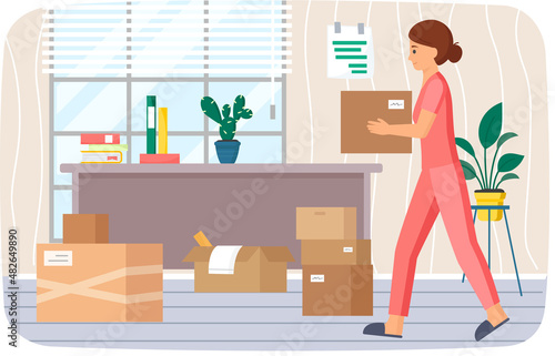 Family moving to new house, people moving to new house, carrying things to apartment, changing place of residence, relocation. Unpacking things after shipping, decorating home. Rental of premises