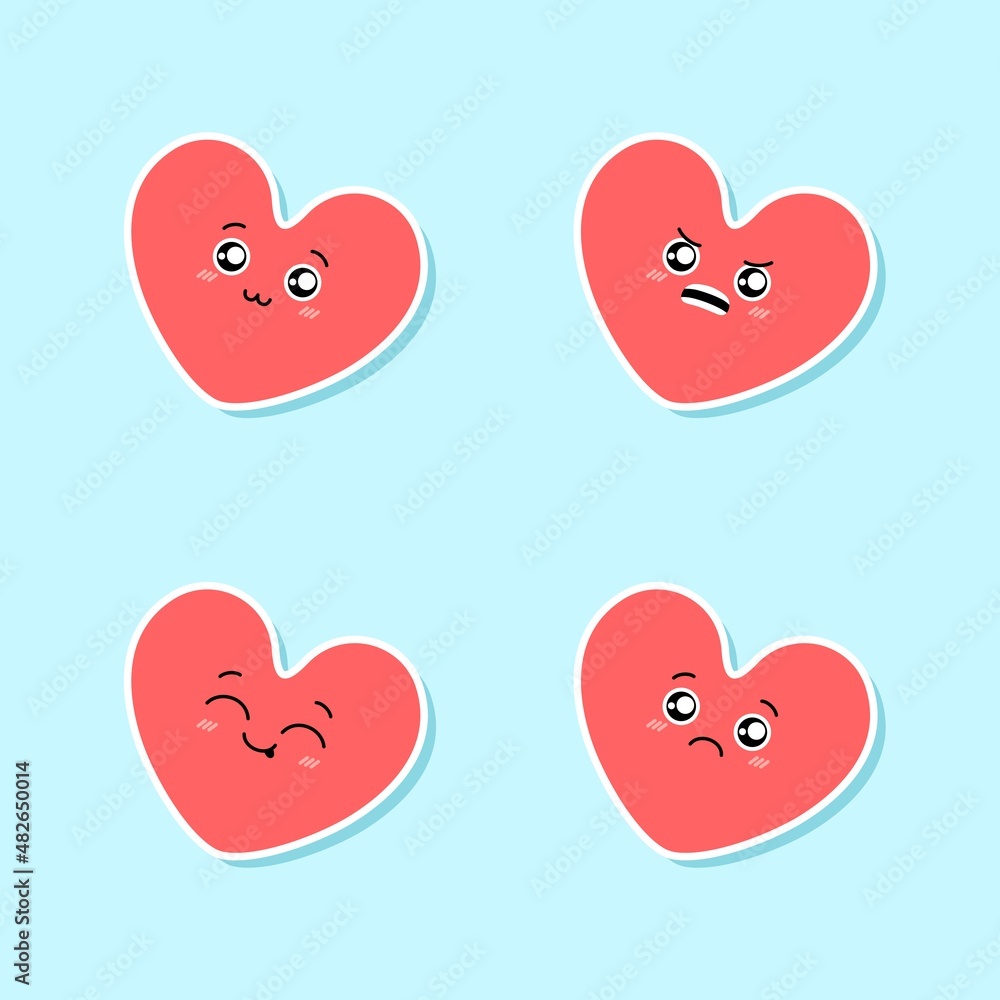 Set of cute pink hearts emoji. Cartoon emotional character sticker pack. Angry, sad, playful, cute Set of cute pink hearts emoji. Cartoon emotional character sticker pack. Angry, sad, playful, cute