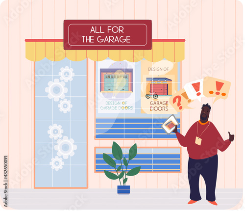 Advertisement all for garage store. African man advertising shop with items for place for automobile parking and repair. Working with design of garage doors. Sale and discounts in shed store concept
