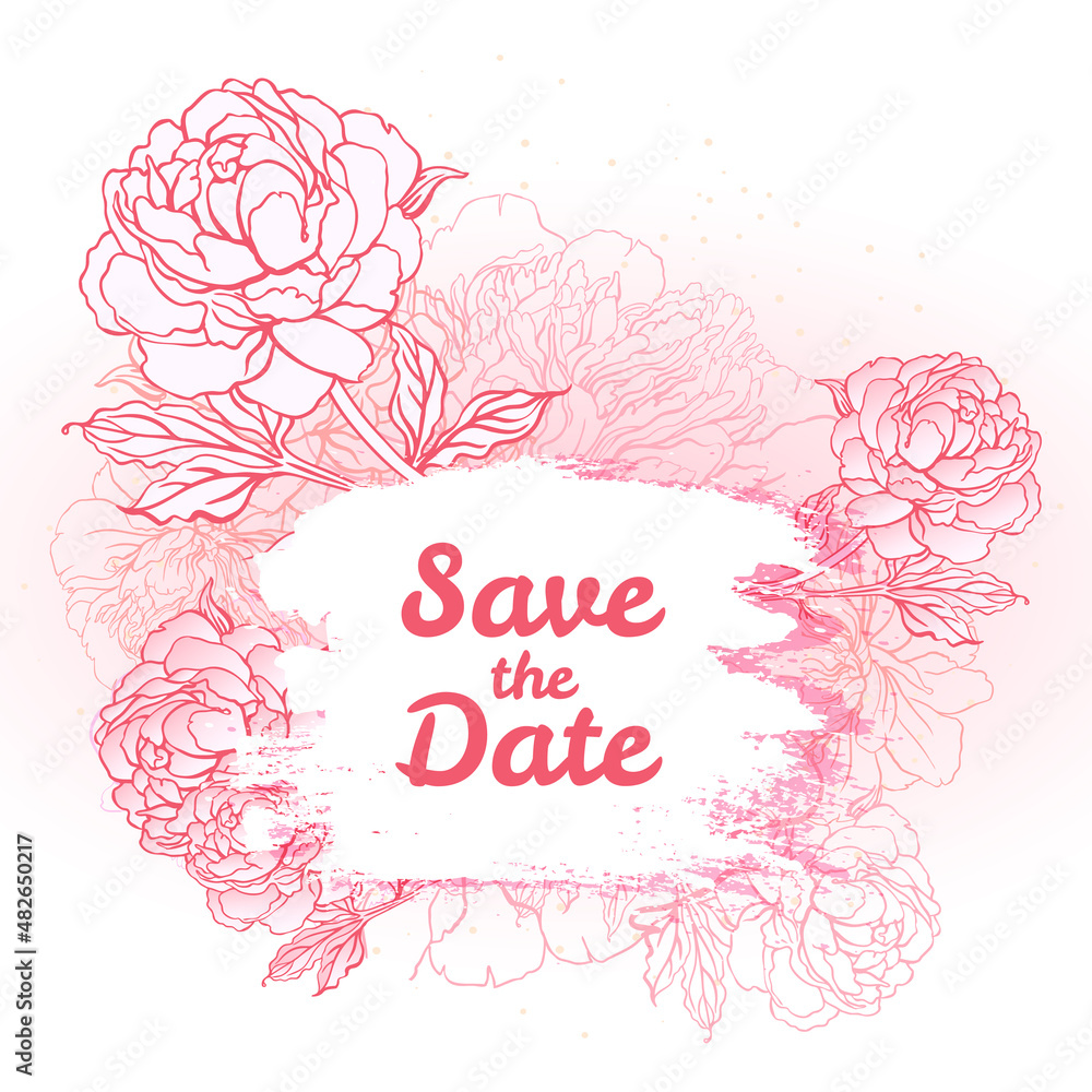 Beautiful peony bouquet design on beige background. Hand drawn vector illustration.