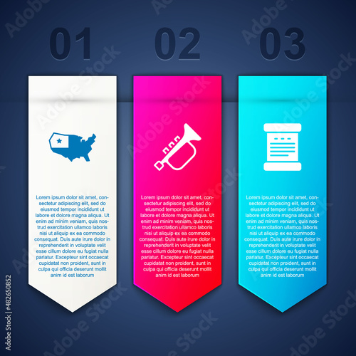 Set USA map, Trumpet and Declaration of independence. Business infographic template. Vector