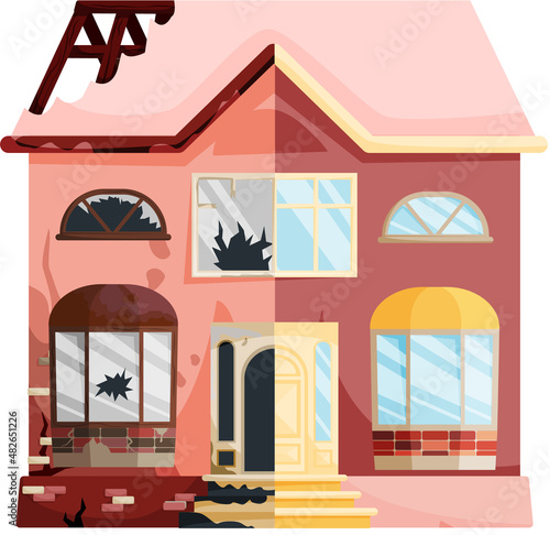 Home renovation, house before and after repair. New and old suburban cottage. Remodel construction. Old run-down house remodeled into cute traditional suburban cottage. Building maintenance service