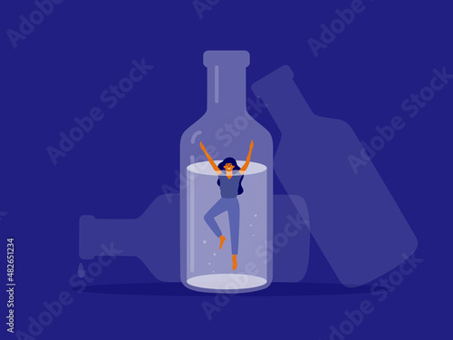 Female alcoholism concept. Afraid woman drowning in bottle of alcohol. Drunk wife or alcoholic mother asking for help. Social issue, drinker abuse, addiction. Empty drink bottles vector Illustration photo