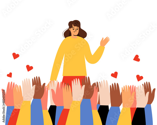 The girl waves to the fans. A crowd of fans is waving a woman, hands up. Enthusiastic, loving people. Concepts of praise. Vector illustration