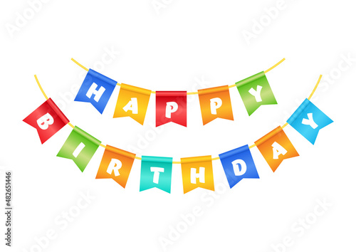 Happy Birthday background. Cartoon illustration of bunting flags with text Happy Birthday isolated on white. Vector 10 EPS.

