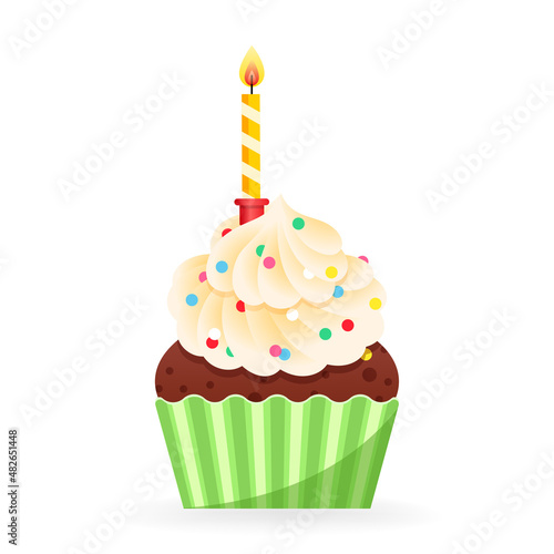 Cartoon cupcake icon. Illustration of birthday cupcake decorated with cream, sprinkles and candle. Vector 10 EPS.