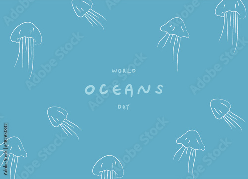 white jellyfish on blue background. background of textile, poster, banner.