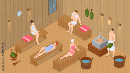 Sauna and steam room. Set of people in sauna. People relax and steam with birch brooms in traditional russian stove for female and male. Finnish bathhouse. Public sauna, Friends in spa resort