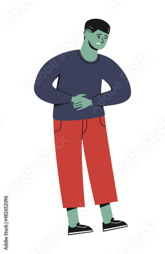 Cartoon illustration boy holding on to the stomach. Man suffering from stomach-ache, abdominal pain, griping. Health care, disease, illness, sickness concept. Flat vector cute character. Isolated.