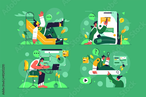 Man on slide, in smartphone, designer at work, search info set