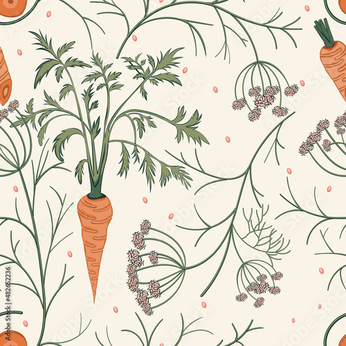 Vector seamless pattern with carrot and herb. Textile or print background. Healthy life concept. Kitchen wallpaper design.